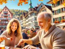 Paar geniest Bratwurst und Bier in einer malerischen Schweizer Altstadt im Herbst, umgeben von traditionellen Häusern und lebhafter Atmosphäre.