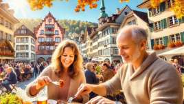 Paar geniest Bratwurst und Bier in einer malerischen Schweizer Altstadt im Herbst, umgeben von traditionellen Häusern und lebhafter Atmosphäre.